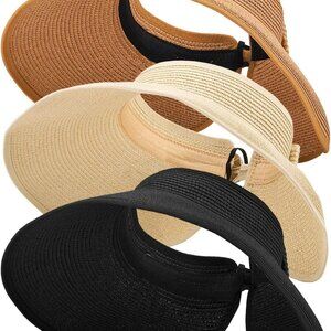 3PCS Foldable Straw Sun Visor Hats for Women, Wide Brim Ponytail Summer Beach Ha